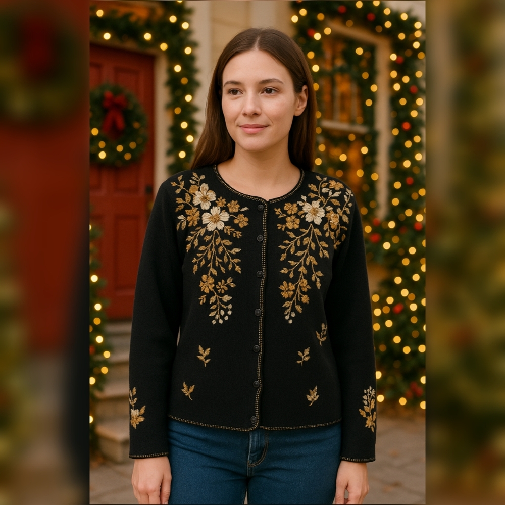 Tiara International Black Floral Embroidered Sequin Cardigan Sweater Mens M